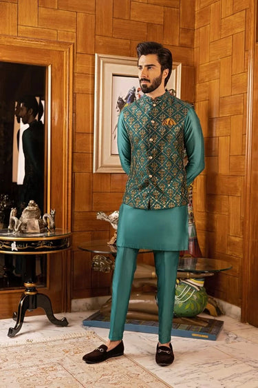 EXQUISITED TEAL EMBROIDERY Mehndi Collection HumayunAlamgir S Waist Coat