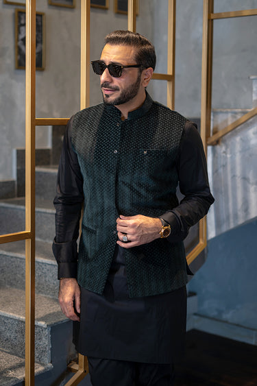 Green Velvet Self Embossed Waist Coat HumayunAlamgir S Waist Coat+Kurta Pajama