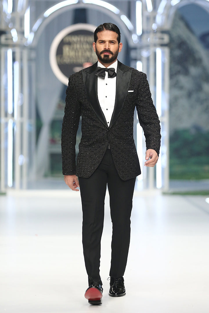BLACK EMBOSSED CUT DANA TUX RUNWAY humyaunalamgir S