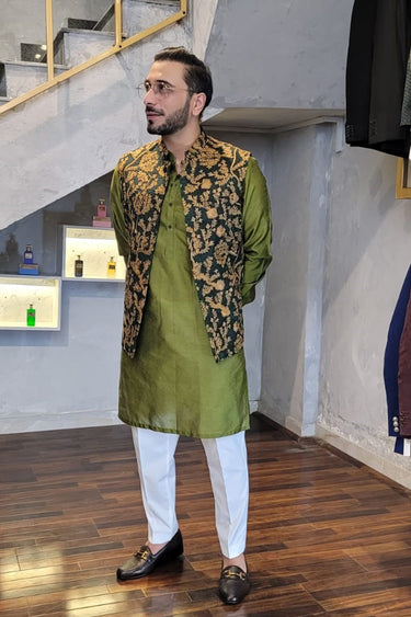 Green Raw Silk Waist Coat