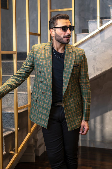 Army Green Checkered Blazer HumayunAlamgir S