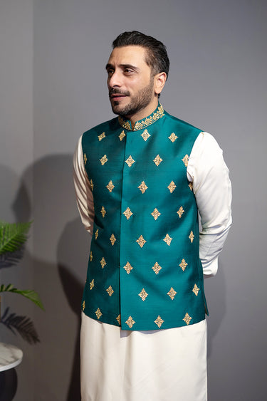 Teel Green Cotton Silk Waist Coat HumayunAlamgir S Waist Coat