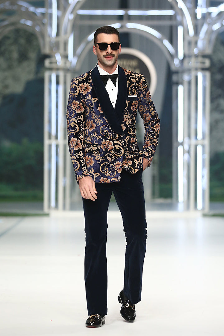 BLUE FLORAL PRINTED VELVET TUX RUNWAY humyaunalamgir S