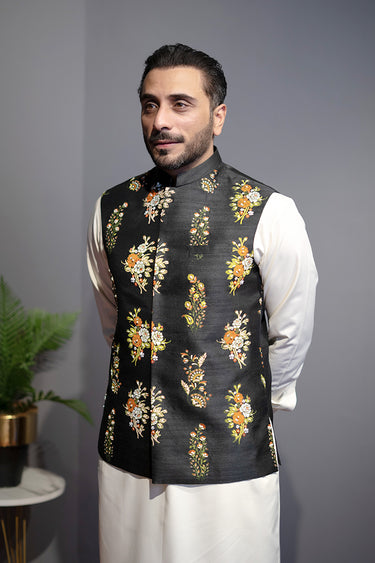 Raw Silk Black Waist Coat