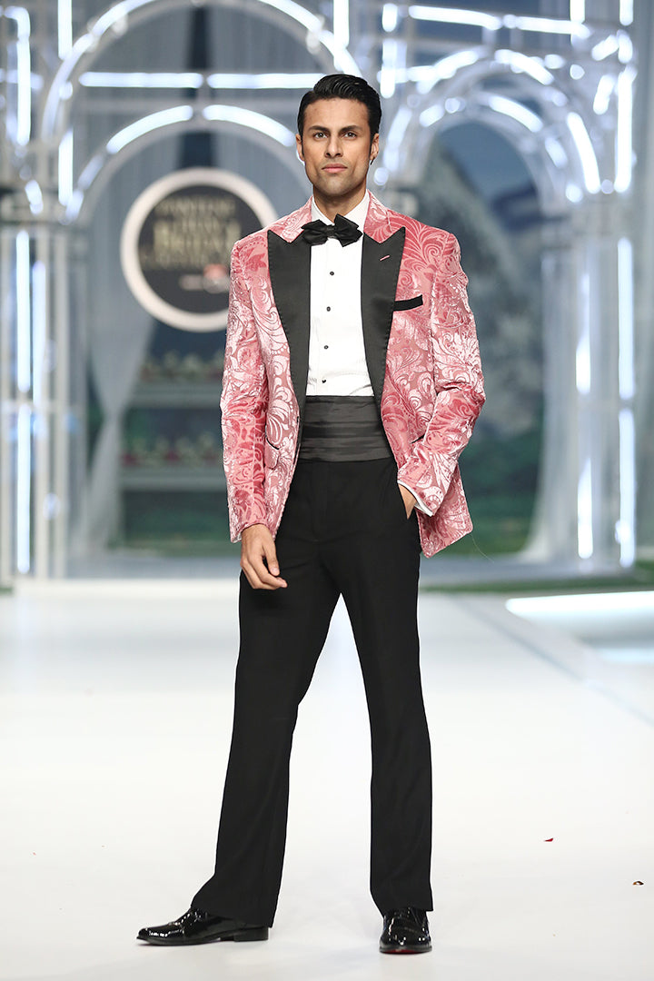 PINK FLORAL SELF VELVET TUX RUNWAY humyaunalamgir S