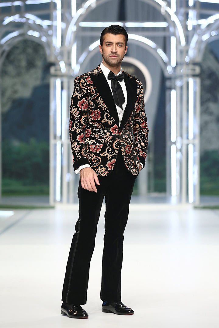 BLACK FLORAL SELF VELVET TUX RUNWAY humyaunalamgir S