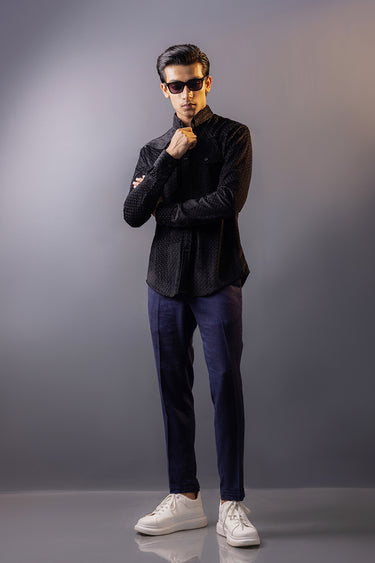 Black Self Print Velvet Shirt Semi Formal humyaunalamgir
