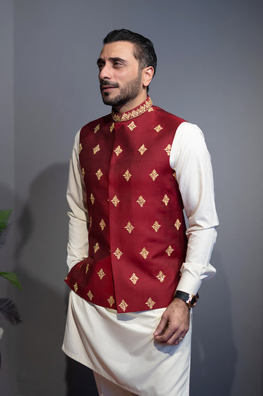 Burn Red Cotton Silk Waist Coat HumayunAlamgir S Waist Coat