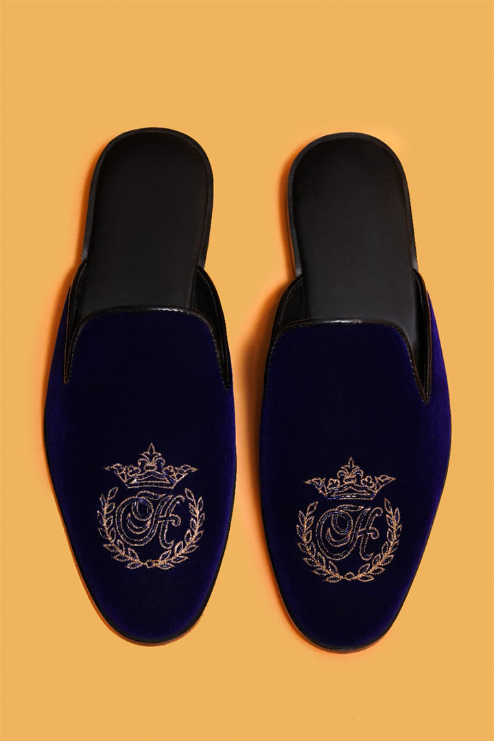 Navy Blue Velvet Zapata H Motif Shoe