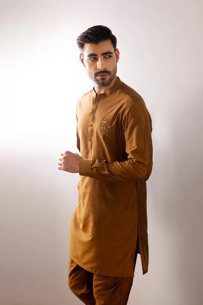 Brown cotton silk kurta pajama