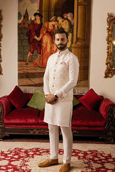 White Sequence Self Embossed Waist Coat humyaunalamgir S Waist Coat