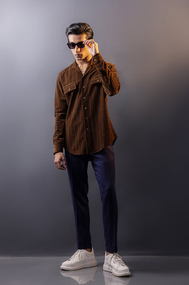 Brownish Self Print Velvet Shirt Semi Formal humyaunalamgir