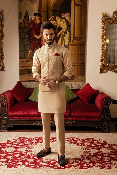 REFINED BEIGE SELF EMBOSSED Nikkah humyaunalamgir S Waist Coat