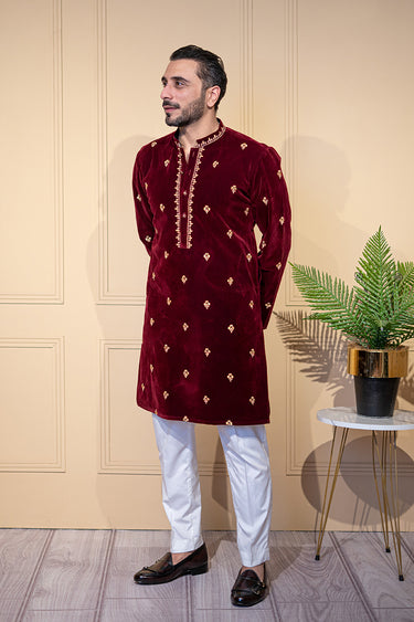 Maroon Velvet Kurta Pajama