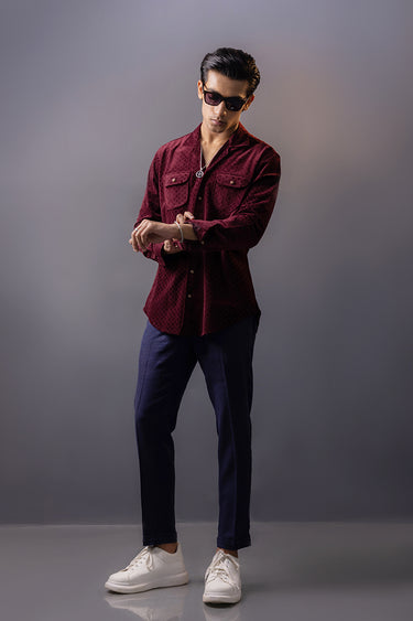 Maroon Self Print Velvet Shirt Semi Formal humyaunalamgir S