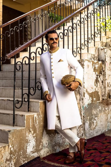 White Sherwani With gold Acceng