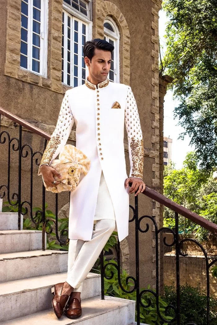 White Sherwani Premium Vitale 150s Fabric.