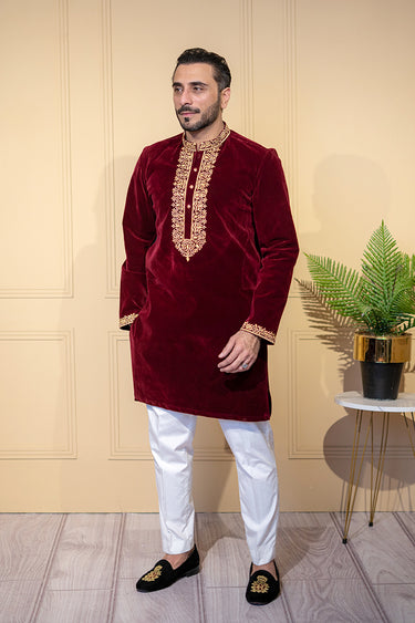 Maroon Velvet Kurta Pajama