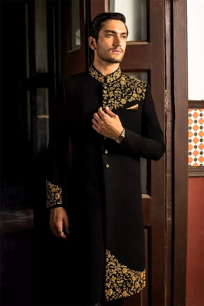 Black Armani Sherwani Has Gold Handwork humyaunalamgir