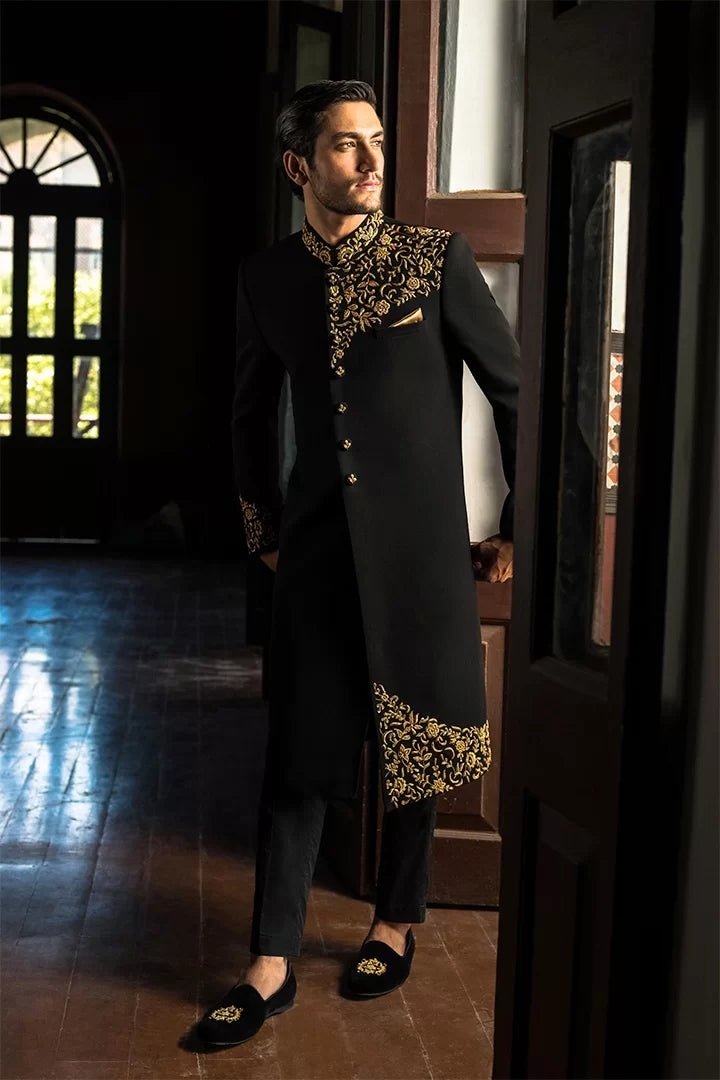Black Armani Sherwani Has Gold Handwork humyaunalamgir