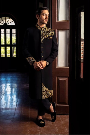 Black Armani Sherwani Has Gold Handwork humyaunalamgir S