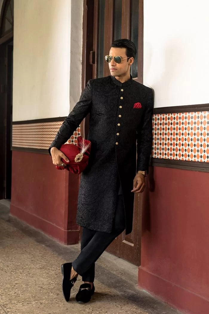Black Embossed Sherwani humyaunalamgir XL