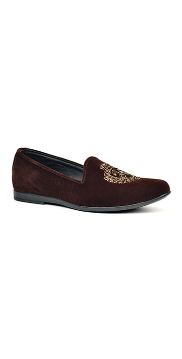 Brownish Velvet Pumps Hand Embroidered Copper Cut & Seeds