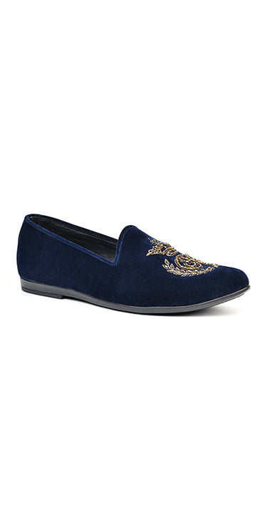 Navy Blue Velvet Pumps  Hand Embroidered Copper Cut & Seeds