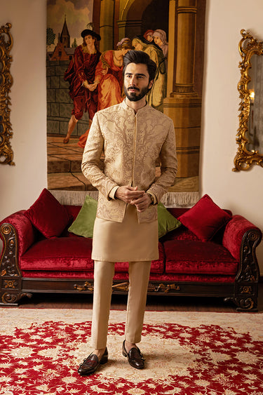 Turkish Beige Embossed Prince Coat humyaunalamgir S Prince Coat