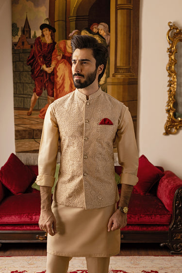 Beige Embossed Waist coat humyaunalamgir S Waist Coat
