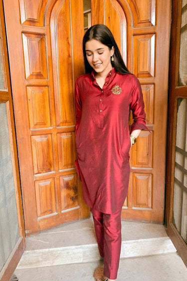 Red Cotton Silk Kurta Pajama Humayun Alamgir S