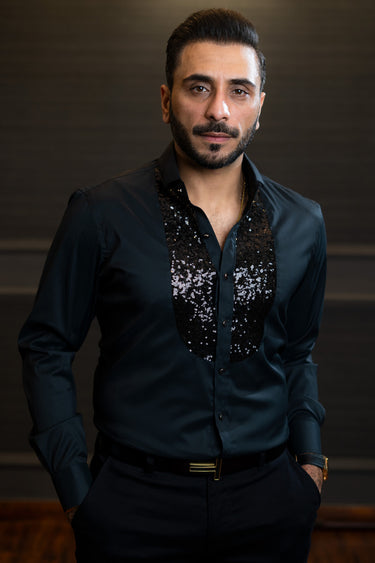 Black Stretchable Cotton Tuxedo Humayunalamgir S
