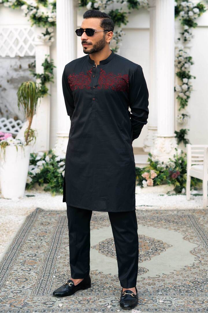 Black Stretchble Cotton Kurta Pajama Humayun Alamgir S