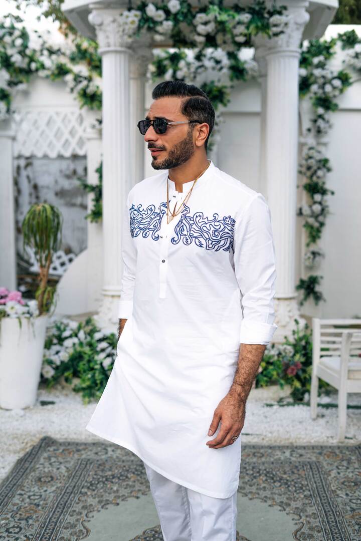White Stretchble Cotton Kurta Pajama Humayun Alamgir