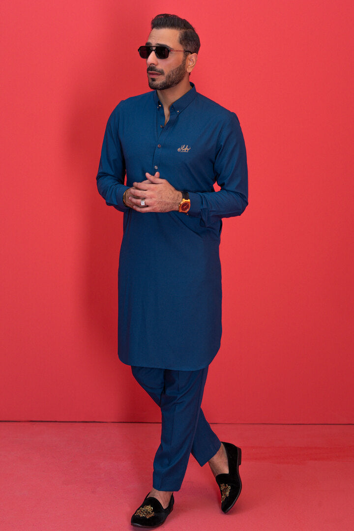 Teal blue wash n wear kurta pajama Humayun Alamgir S