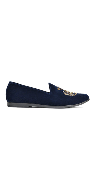 Navy Blue Velvet Pumps Hand Embroidered Copper Cut & Seeds Shoes humyaunalamgir