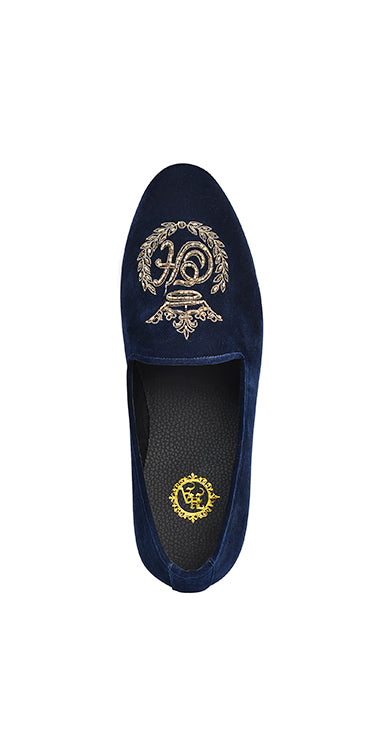 Navy Blue Velvet Pumps Hand Embroidered Copper Cut & Seeds Shoes humyaunalamgir