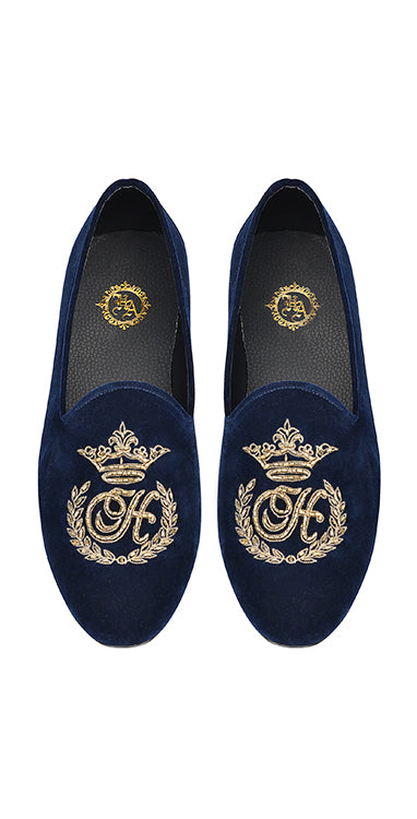 Navy Blue Velvet Pumps Hand Embroidered Copper Cut & Seeds Shoes humyaunalamgir