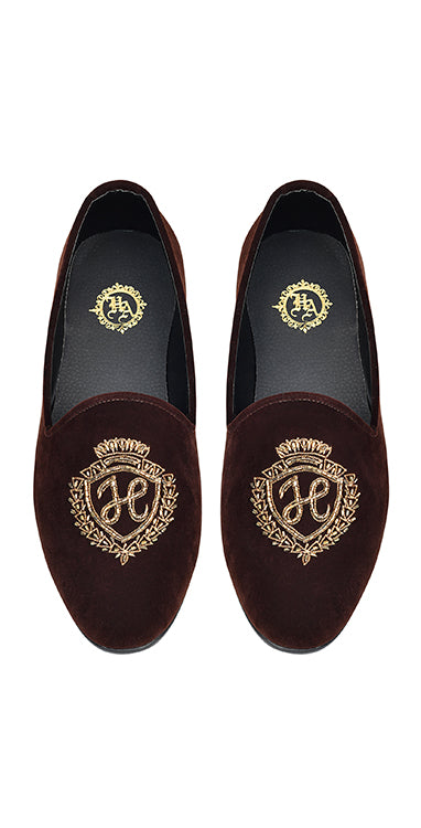Brownish Velvet Pumps Hand Embroidered Copper Cut & Seeds Shoes humyaunalamgir