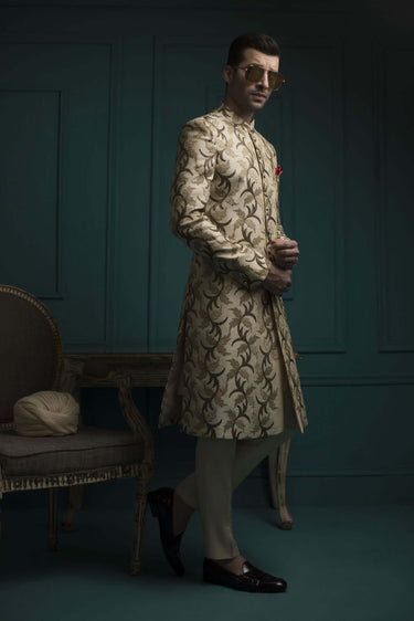 Beige Embossed Sherwani humyaunalamgir XL