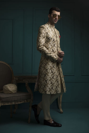 Beige Embossed Sherwani