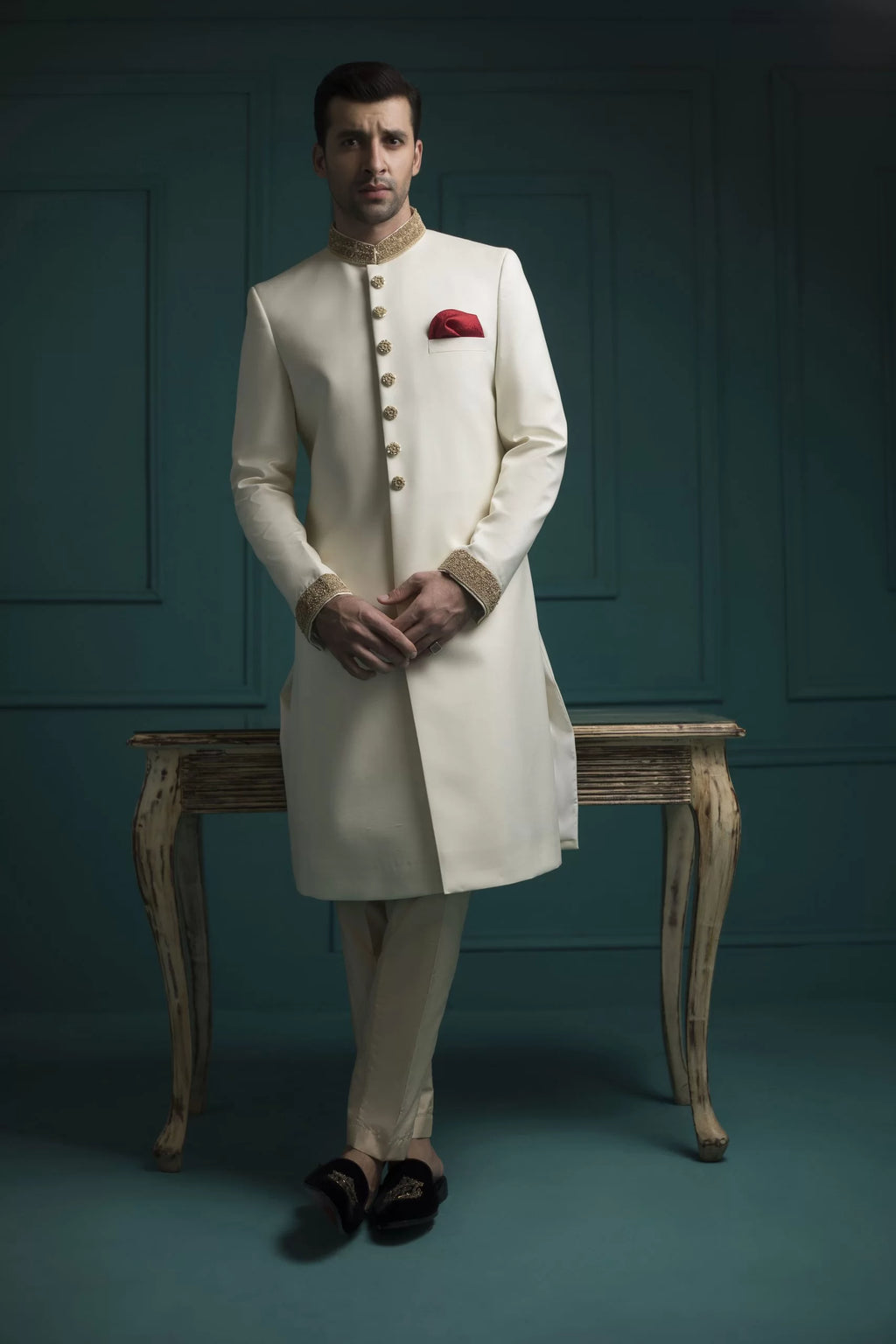 Off White Vital Suiting Fabric Sherwani Brand Shoot humyaunalamgir S