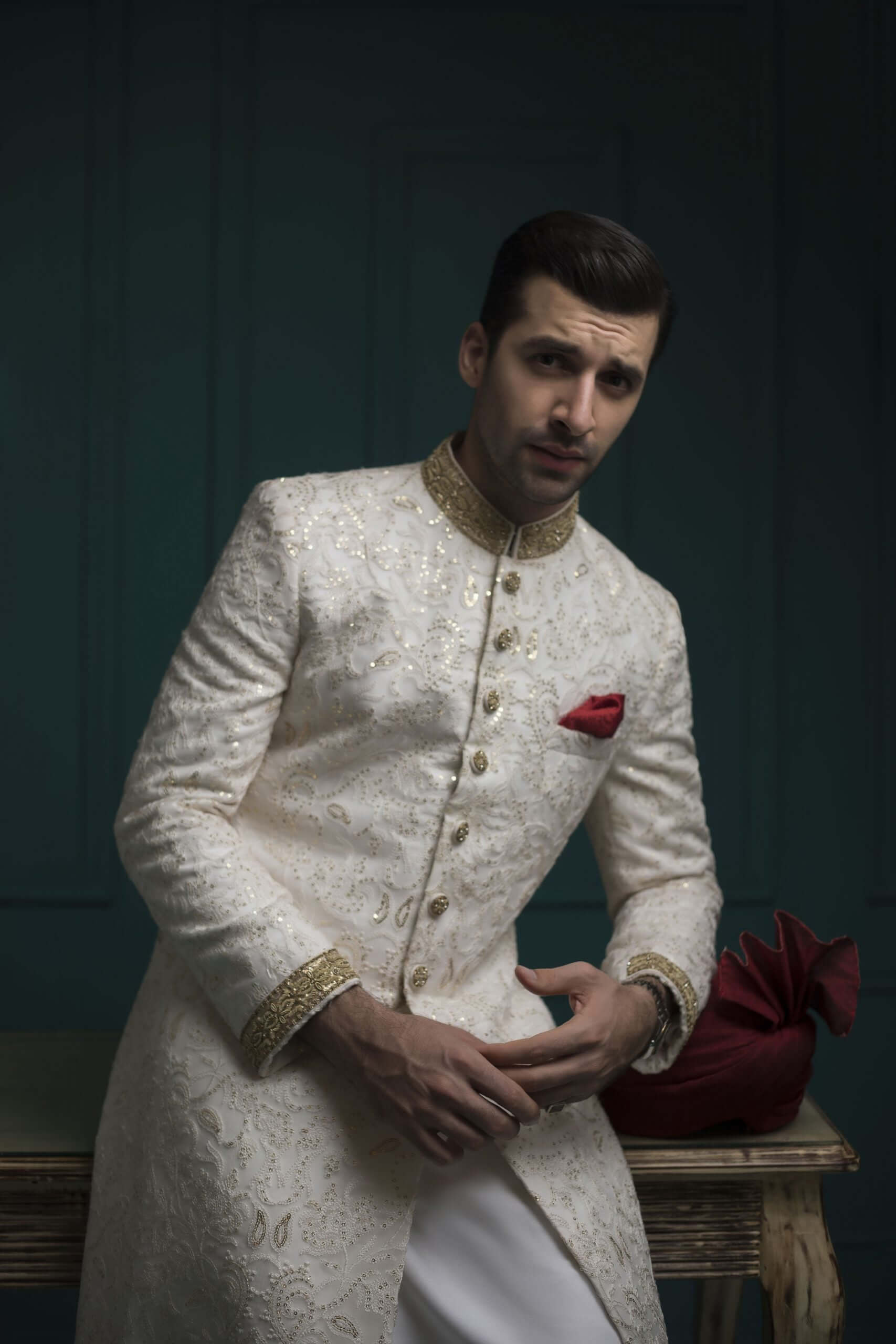 White And Gold Embossed Sherwani humyaunalamgir