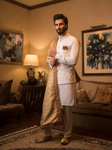 White Embossed Sequence Waist Coat humyaunalamgir S Waist Coat+Kurta Pajama