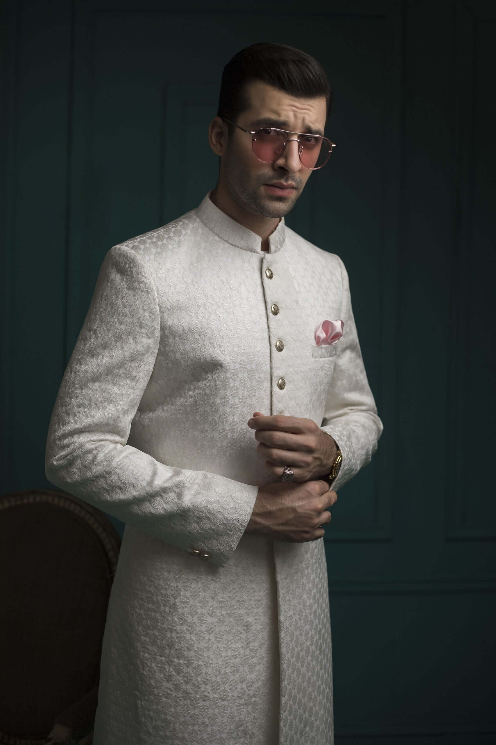 White Diamond Self Embossed Sherwani humyaunalamgir S