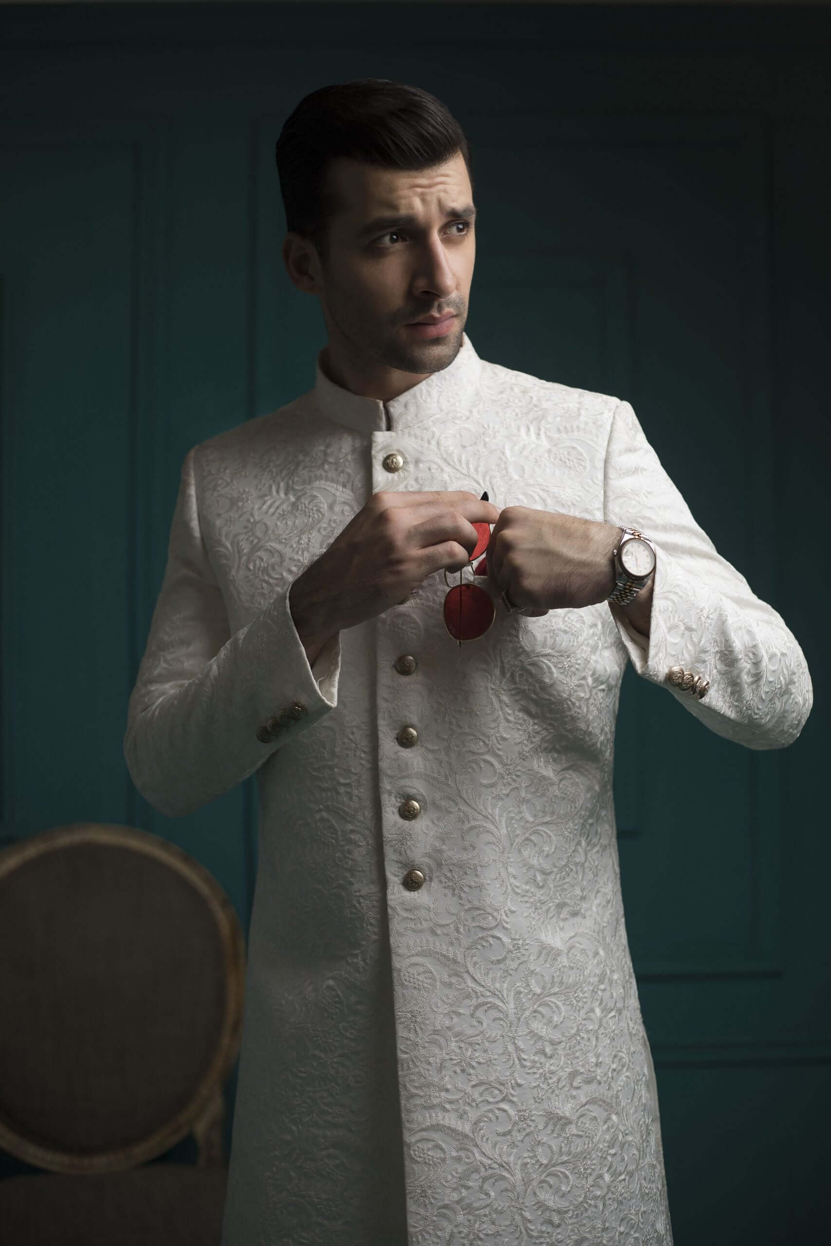 White Self Embossed Sherwani humyaunalamgir