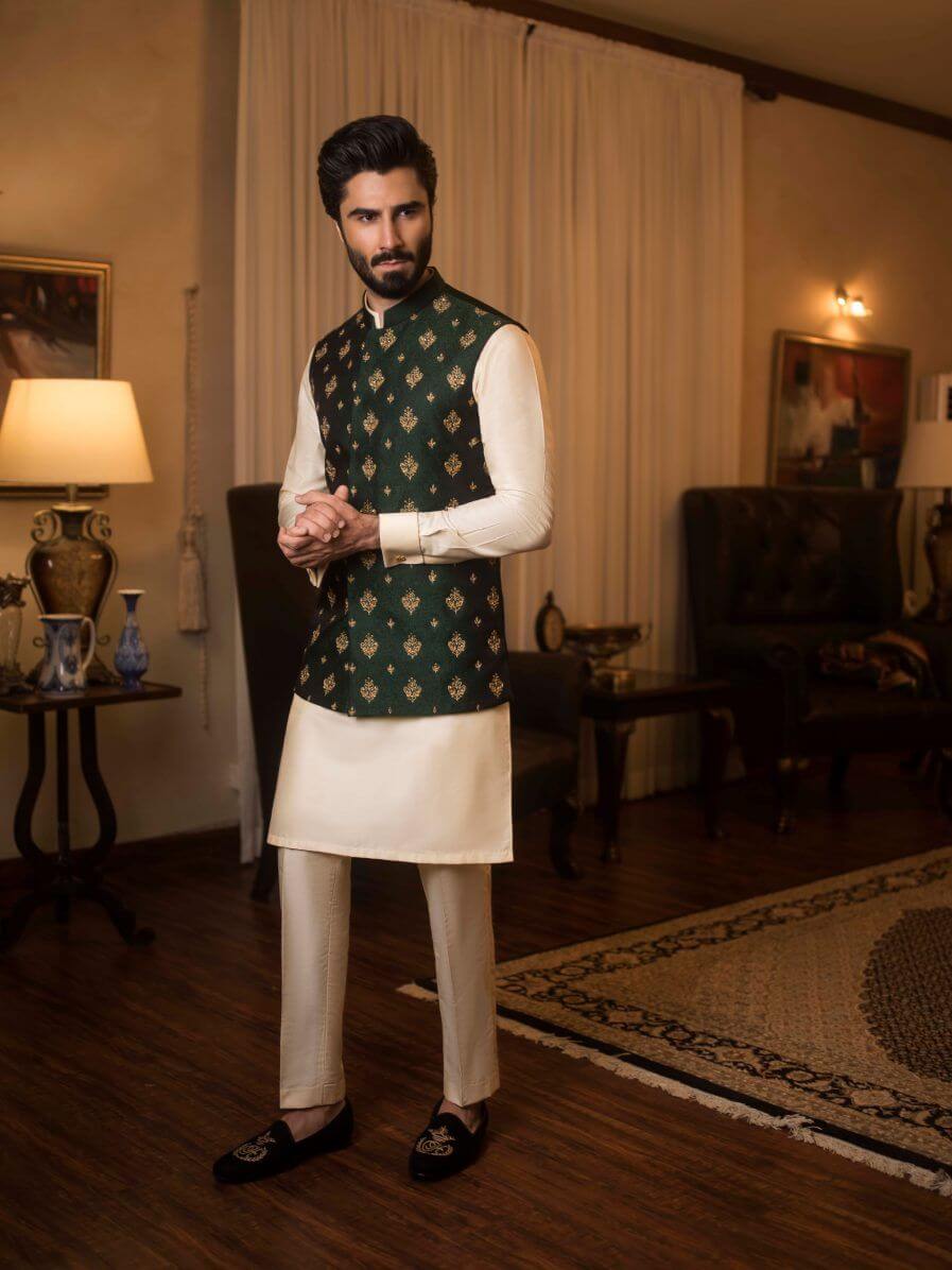 Dark Green Cotton Silk Waist Coat humyaunalamgir