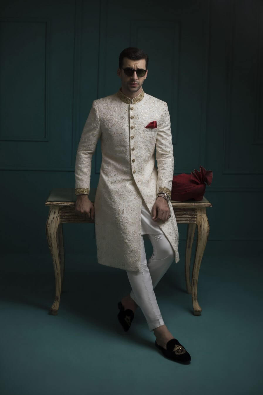White And Gold Embossed Sherwani humyaunalamgir S
