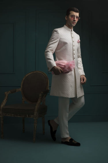 White Diamond Self Embossed Sherwani