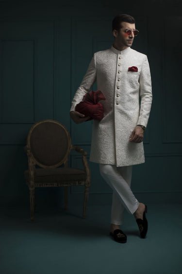 White Self Embossed Sherwani